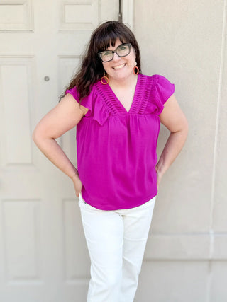 Emily Pleated Detail V-Neck Flutter Sleeve Top Magenta