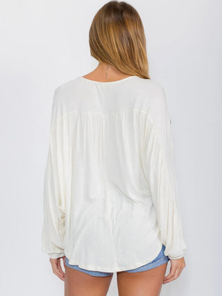 Long Sleeve Draped Knit Top with Crochet Center Stripe Ivory