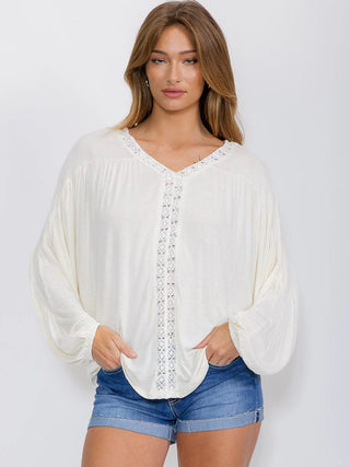 Long Sleeve Draped Knit Top with Crochet Center Stripe Ivory