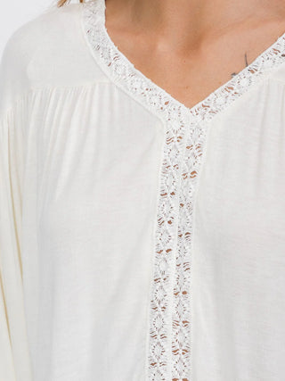 Long Sleeve Draped Knit Top with Crochet Center Stripe Ivory