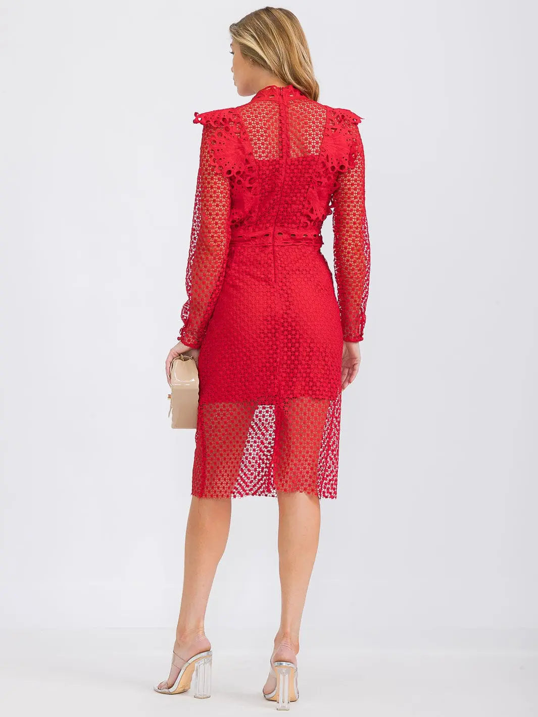 Long Sleeve All Over Lace Midi Dress - Red Boutique 44 Long Sleeve All Over Lace Midi Dress - Red Boutique 44