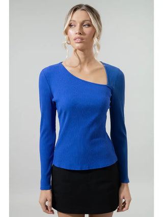 Aleda Ribbed Asymmetrical Neck Two Toned Top