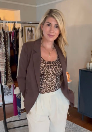 Shirred Sleeve Blazer with Lining - Recycled Polyester , Chocolate