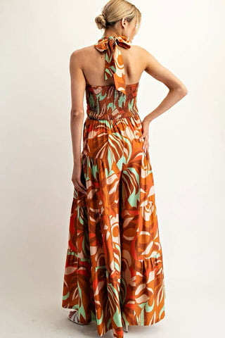 Retro Floral Halter Wide Leg Jumpsuit Rust Orange