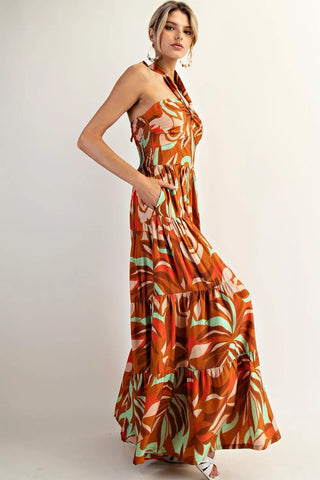 Retro Floral Halter Wide Leg Jumpsuit Rust Orange