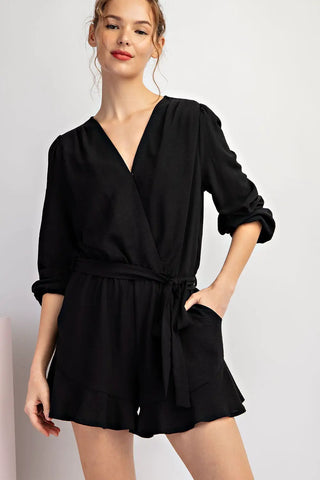 V-Neck Waist Tie Romper Black