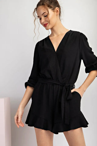 V-Neck Waist Tie Romper Black