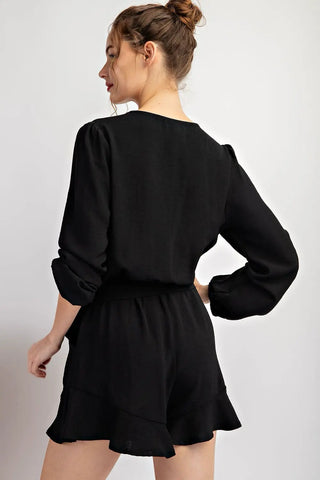 V-Neck Waist Tie Romper Black
