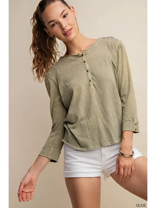 Brass Button Raw Seam Henley Top