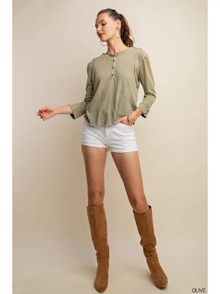 Brass Button Raw Seam Henley Top