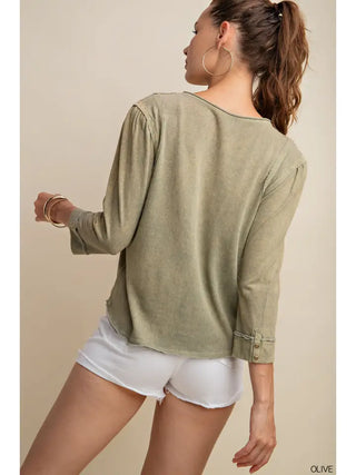 Brass Button Raw Seam Henley Top