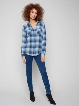 Charlie B Soft Plaid Button-Down Shirt With Front Pockets