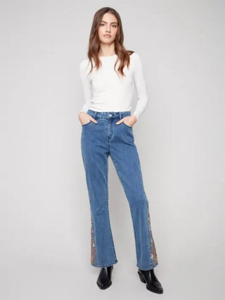 Charlie B Floral Embroidered Bootcut Jean with Inset