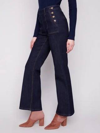 Charlie B Flare Leg Stretch Denim Jean with Side Buttons