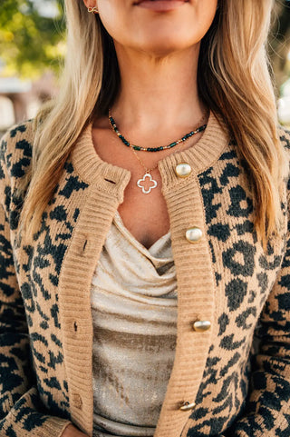 Layered Beaded Necklace with Open Quatrefoil Pendant Green