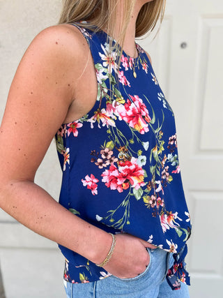 Front Knot Tie Keyhole Back Floral Top, Navy