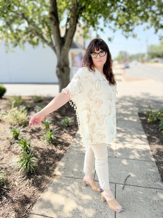 One Size Gold Embroidered Paisley Lightweight Poncho with Tassels Ivory Beach Cover Up