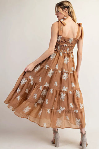 Dainty Embroidered Tiered Midi Dress Mocha