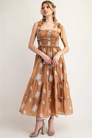 Dainty Embroidered Tiered Midi Dress Mocha