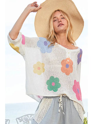 V-Neck Flower Print Boxy Sweater
