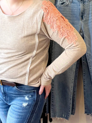 Contrasting Lace Shoulder Pullover Sweater Taupe Coral