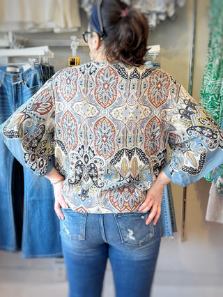 V-Neck Kimono Sleeve Tie Waist Paisley Blouse  Blue