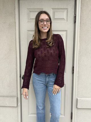 Dex Open Stitch Wavy Hem Sweater Wine