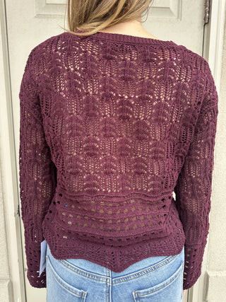 Dex Open Stitch Wavy Hem Sweater Wine