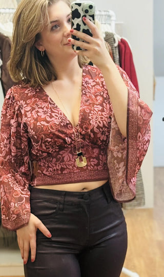 Kimono Sleeve Plunge Floral Crop Top Ruby