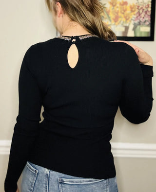 Fancy Black Crewneck Sweater w/ Rhinestone Neckline