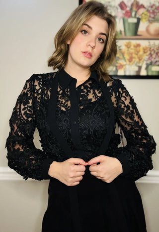 Textured Black Lace Button Up Shirt