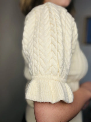 Ruffle Cable Knit Puff Sleeve Sweater Ivory