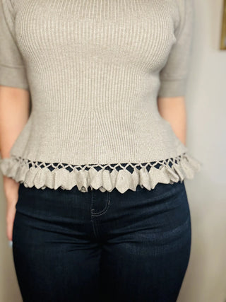 Ruffle Cable Knit Puff Sleeve Sweater Dark Grey