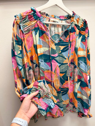 Vibrant Tropical V Neck Blouse