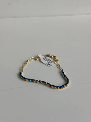 Gold Plated Half Paperclip Chain Blue CZ Tennis Bracelet