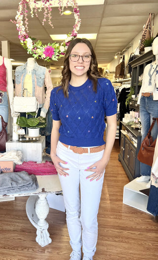 Dainty Embroidered Daisy Short Sleeve Sweater Electric Blue