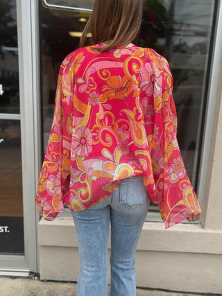 60s Floral Inspired Chiffon Kimono - Pink/Orange