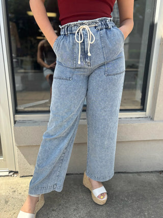 Dex Wide Leg Soft Denim Drawstring Pant Washed Blue