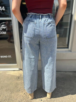 Dex Wide Leg Soft Denim Drawstring Pant Washed Blue