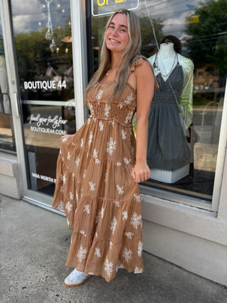 Dainty Embroidered Tiered Midi Dress Mocha