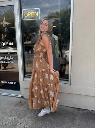 Dainty Embroidered Tiered Midi Dress Mocha