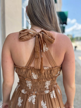 Dainty Embroidered Tiered Midi Dress Mocha