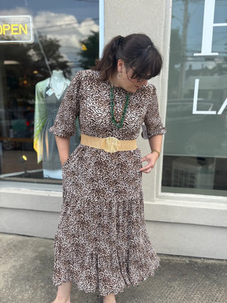 Quarter Sleeve Pleated Animal Print Maxi Dress with Pockets