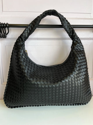 Woven Vegan leather Crescent Bag w/ Knot Black