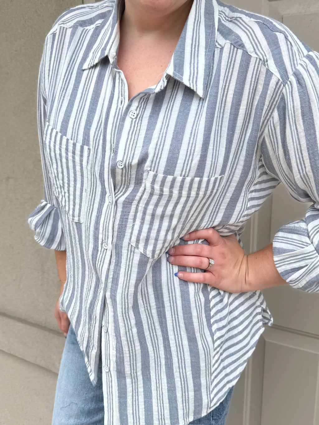 Oversized Summer Button Up Shirt with Stripe Variation Denim – Boutique 44