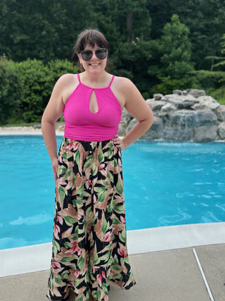 Button Down Black Floral Maxi Skirt with Hem Ruffle