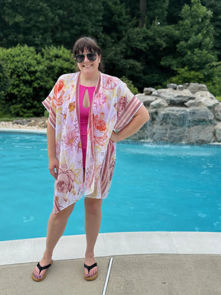 Floral Kimono with Striped Border Pale Pink Yellow