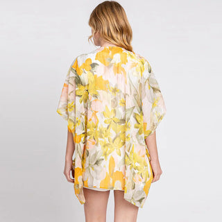 Flower and Leaf Chiffon Kimono Yellow and Green