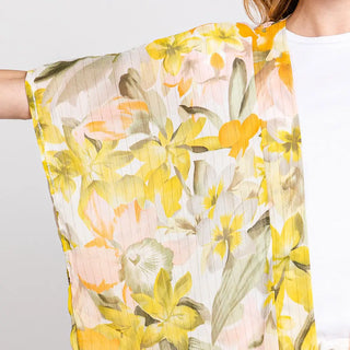 Flower and Leaf Chiffon Kimono Yellow and Green