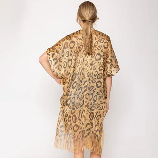 Loosely Woven Metallic Gold Fringe Leopard Wrap